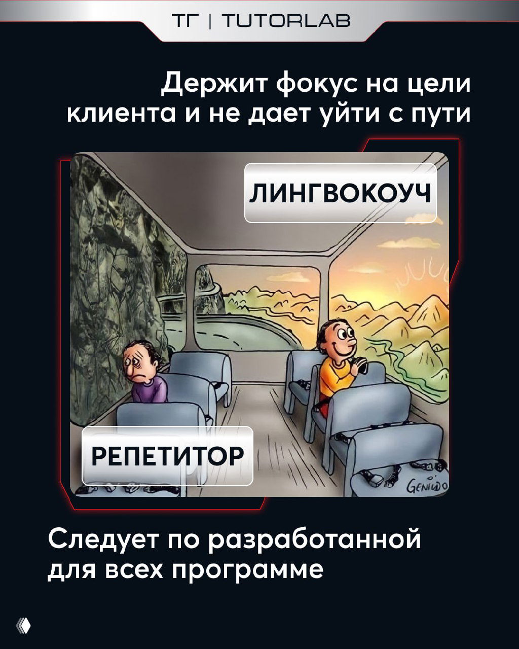 Изображение: лингвокоуч держит фокус на целях клиента и не даёт ему уйти с пути; репетитор следует общей программе для всех.