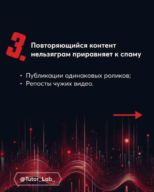 Слайд №3: тема повторяющегося контента — публикации одинаковых роликов и репосты чужих видео приравниваются к спаму и риску блокировки.
