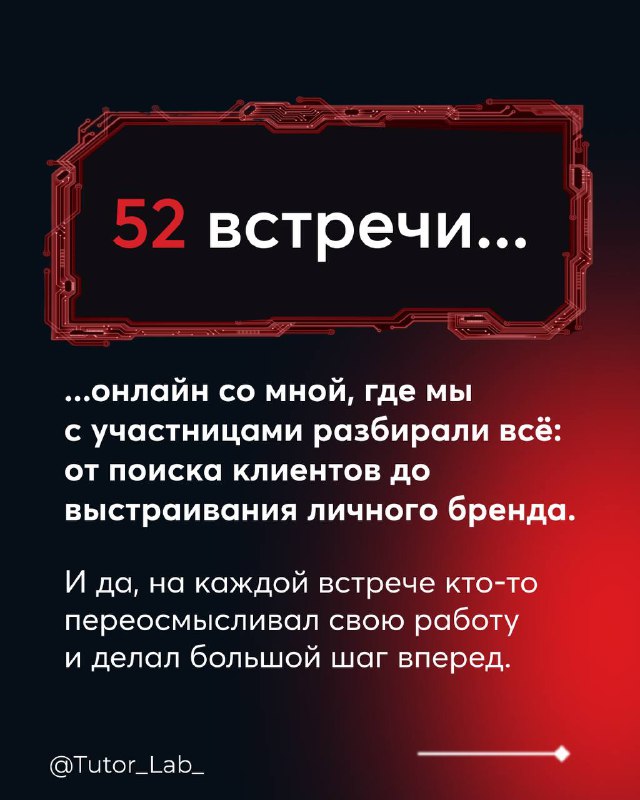 Тёмная карточка с надписью «52 встречи» и текстом о онлайн‑встречах с автором, где разбирали поиск клиентов и построение бренда.