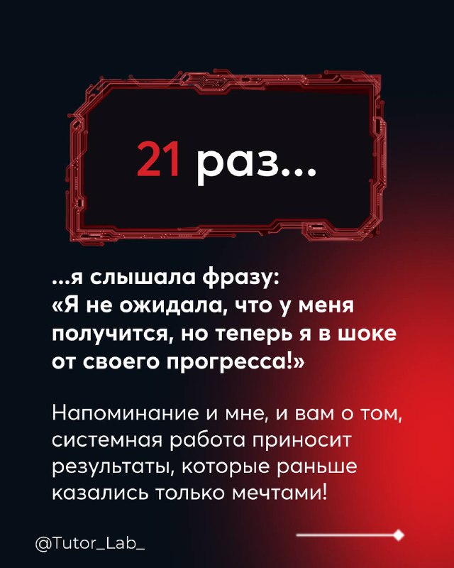 Карточка с цифрой «21 раз» и цитатой участницы о сильном прогрессе, тёмный фон и небольшой портрет автора в композиции.