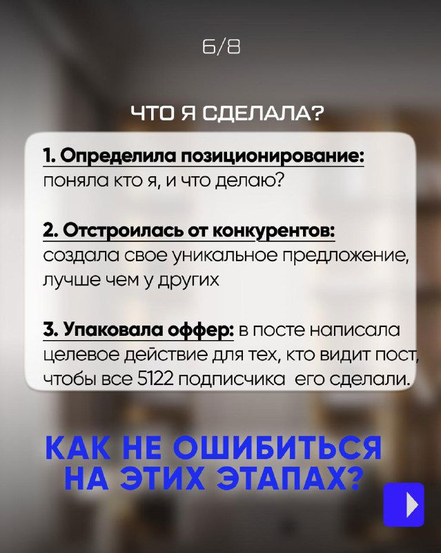 Слайд с перечнем действий: определение позиционирования, отстройка от конкурентов, упаковка оффера и краткие результаты по подписчикам.