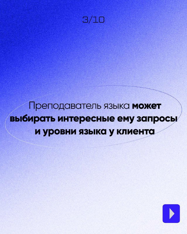 Третий слайд: синий градиент и текст о возможности выбирать интересные запросы и уровень языка у клиента, мотивирующий слайд.