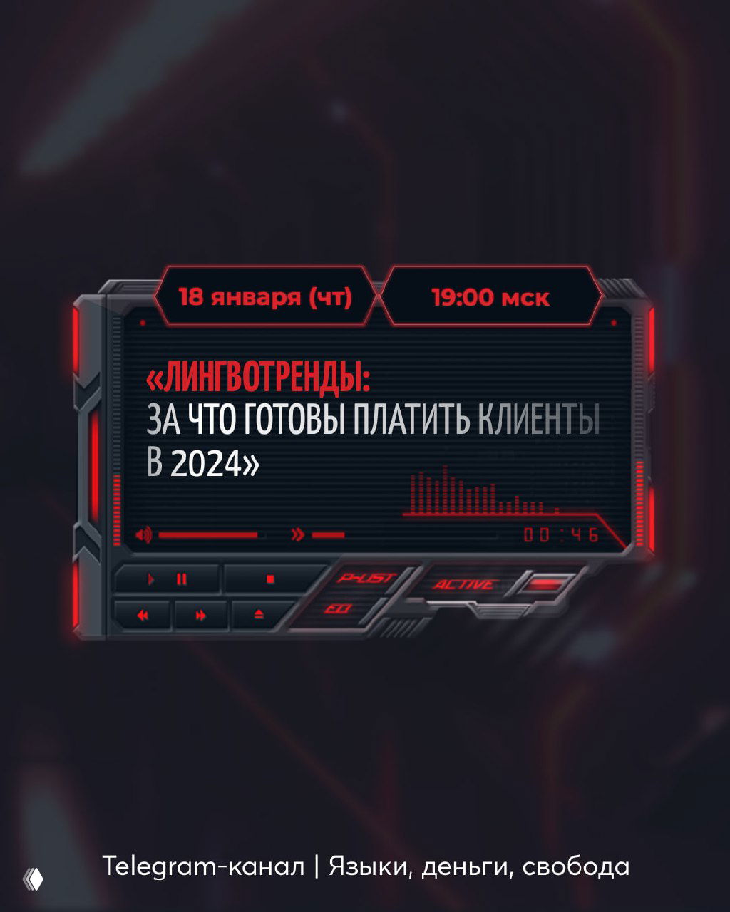 Афиша первого эфира: дата 18 января, 19:00 мск, тема «Лингвотренды: за что готовы платить клиенты в 2024» на тёмном графическом фоне.