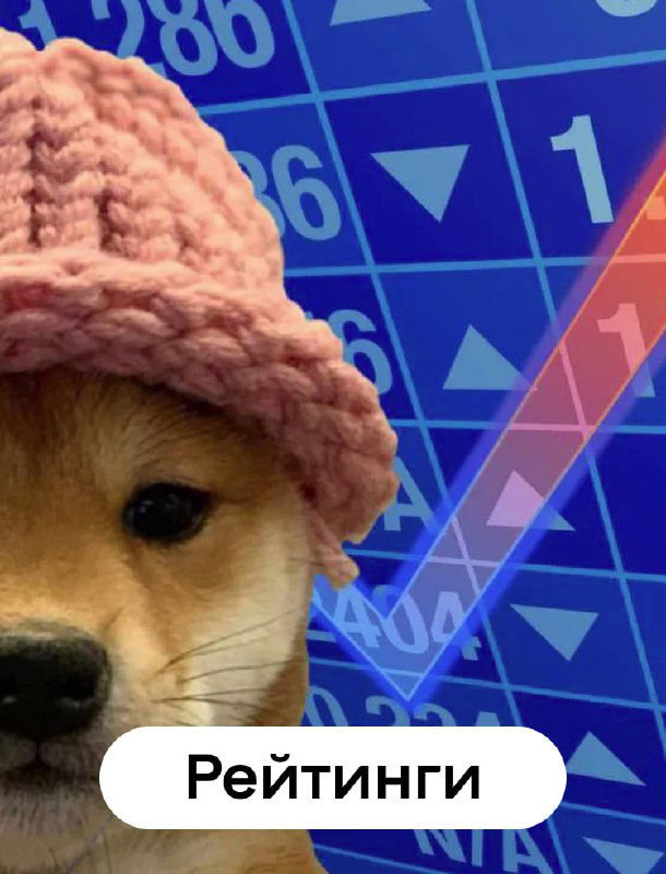Изображение собаки в шапке на фоне графиков и стрелок с подписью «Рейтинги», метафора важности рейтингов и показателей доверия в сервисах.