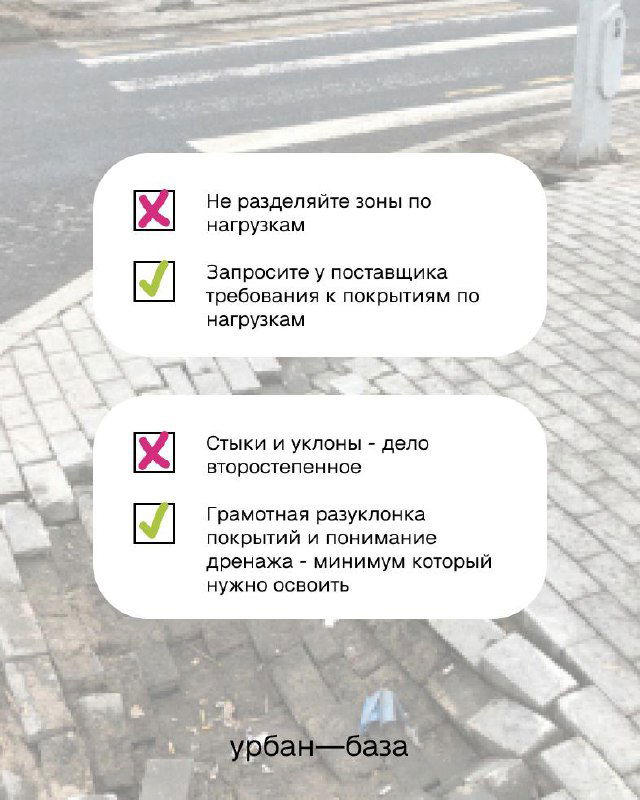 Фотография тротуара и плитки с наложенным диалоговым облаком: советы по разделению зон и обработке стыков, городской контекст.