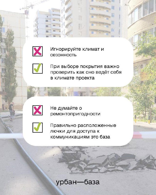 Фото городской набережной и покрытий с текстовыми подсказками про климат, сезонность и доступ к коммуникациям, на фоне застройки.