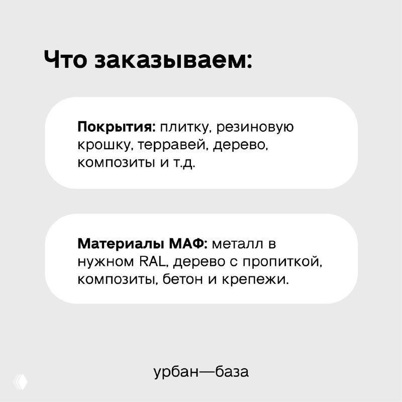 Инфографика с перечнем: покрытия и материалы МАФ — плитка, резиновая крошка, металл в нужном RAL и другие элементы, которые стоит привезти в реальном размере.