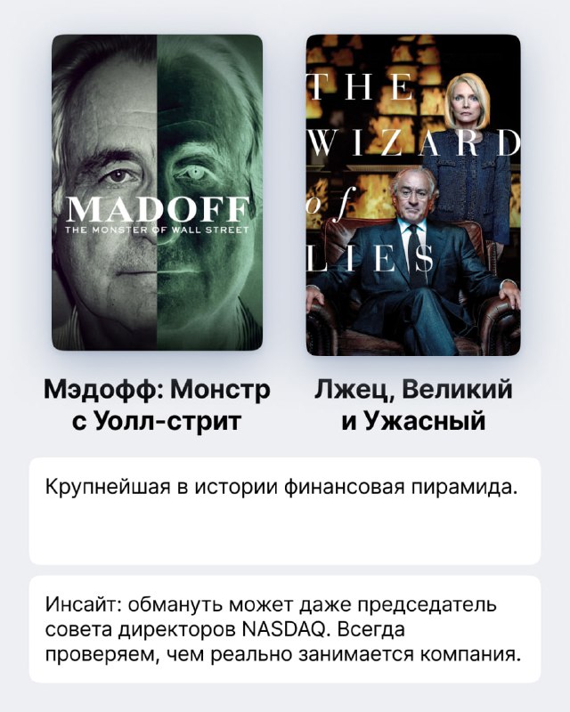 Коллаж постеров 'Madoff' и 'The Wizard of Lies' с портретом Бернарда Мэдоффа — символ крупнейшей финансовой пирамиды и обмана инвесторов.