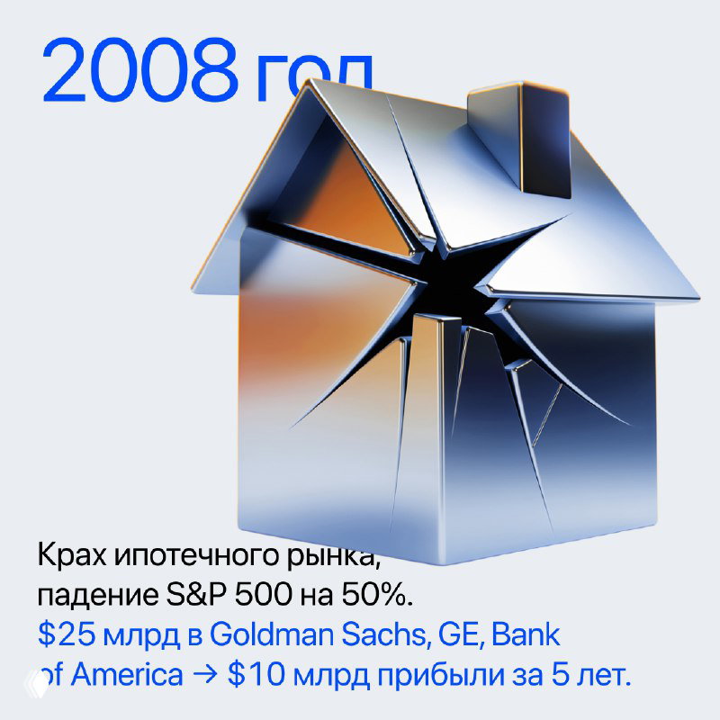 Иллюстрация 2008 года: разрушающийся дом как символ ипотечного кризиса и падения рынка с кратким пояснительным текстом и цифрами.