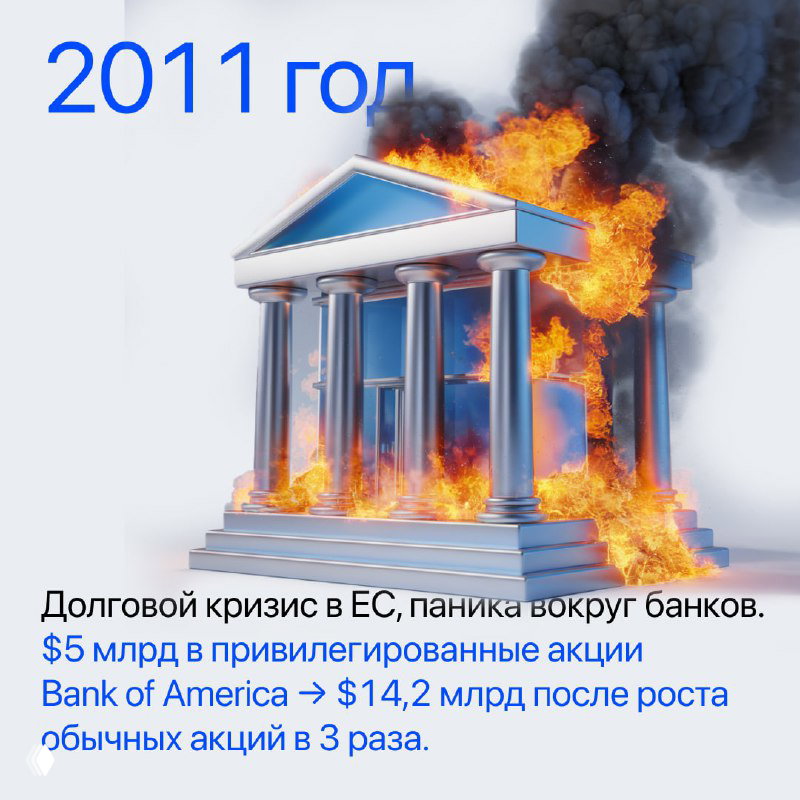 Иллюстрация 2011 года: горящее здание банка, символ долгового кризиса в ЕС и паники вокруг банков с кратким комментарием и цифрами.