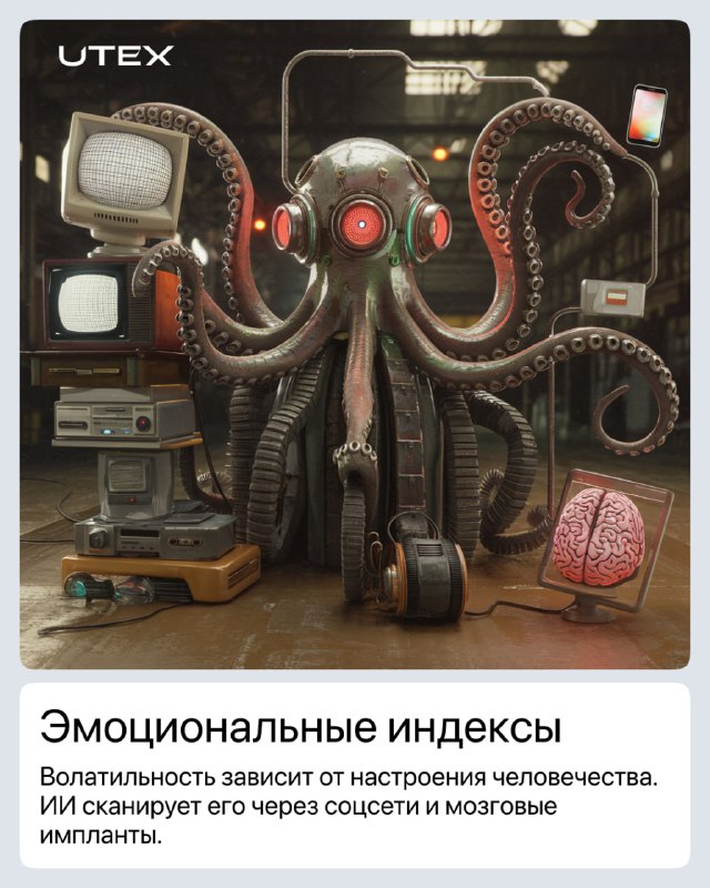 Сюрреалистичный интерьер с механическим существом и видимым электронным мозгом, метафора эмоциональных индексов и анализа настроений трейдеров.