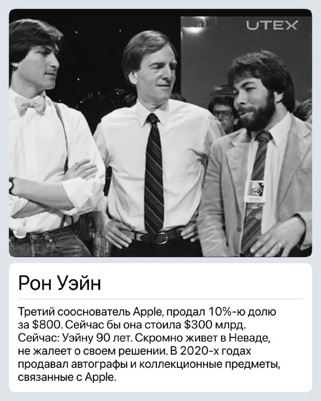 Чёрно‑белая фотография Рона Уэйна с сооснователями Apple; карточка про продажу 10% доли за $800 и его дальнейшую скромную жизнь.