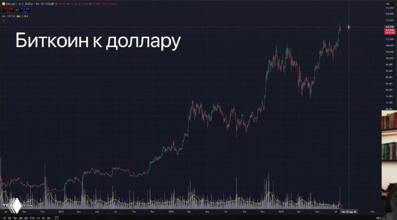 Скриншот графика «Биткоин к доллару» из трансляции Толи Радченко, показан относительный рост BTC к USD на фоне других валют.