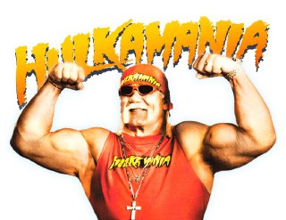 Рекламный постер «Hulkamania»: бодибилдерский Халк Хоган в повязке и очках на белом фоне с крупным логотипом.