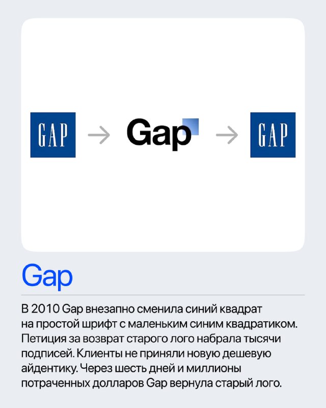 Коллаж с последовательностью логотипов Gap: синий квадрат, упрощённый шрифт и возвращение старого знака как кейс неудачного редизайна