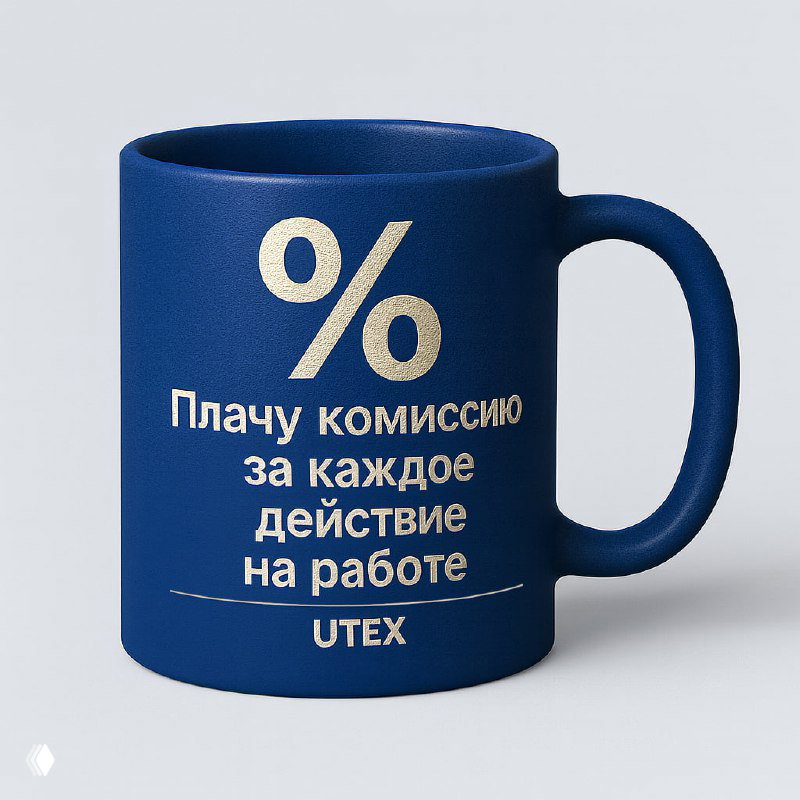 Синяя керамическая кружка UTEX с крупным символом процента и белой фразой «Плачу комиссию за каждое действие на работе», снята на нейтральном фоне — промо-мерч.