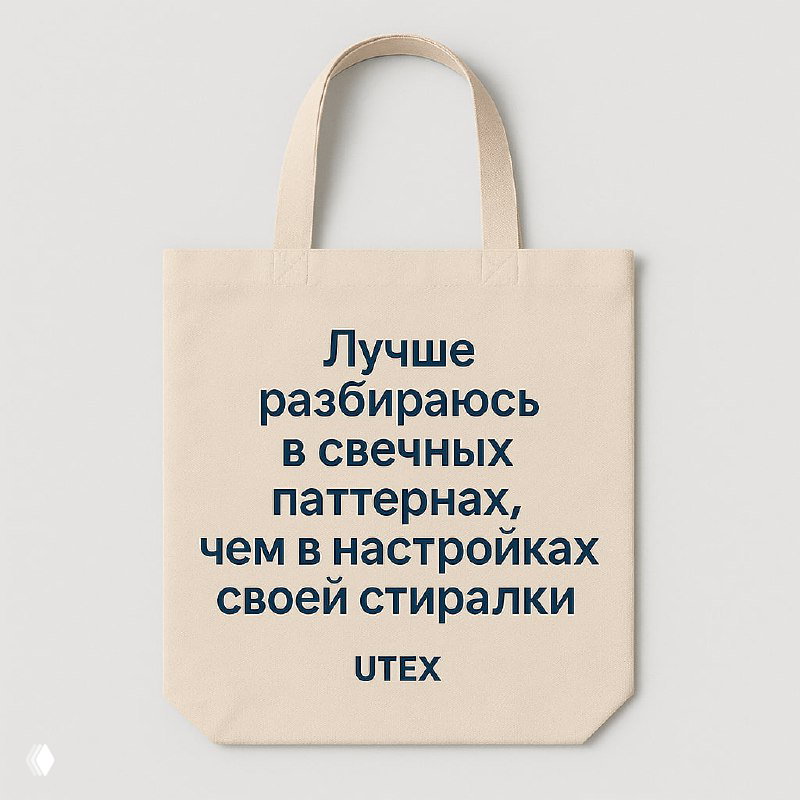 Холщовая сумка UTEX с крупной печатью «Лучше разбираюсь в свечных паттернах, чем в настройках своей стиралки», фото показывает экосумку как брендированный мерч.