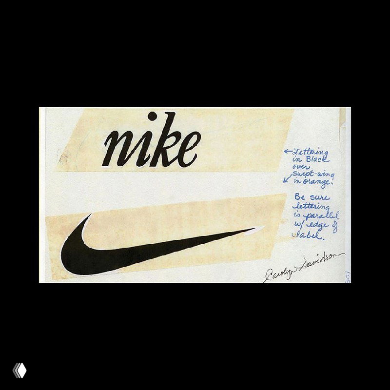 Эскизы и варианты логотипа Nike на бумаге с пометками — ранняя работа дизайнерки Кэролин Дэвидсон, предложившей форму Swoosh.