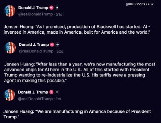 Скрин твитов Дональда Трампа с цитатами Дженсена Хуанга о запуске производства Blackwell и упоминании роли тарифов в реиндустриализации США.