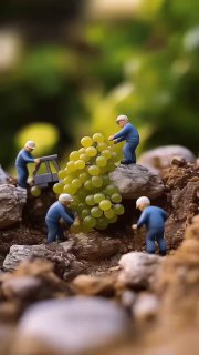 Минималистичный кадр Mew Positivity: миниатюрные фигурки собирают крупный зелёный виноград на мягком размытом фоне.