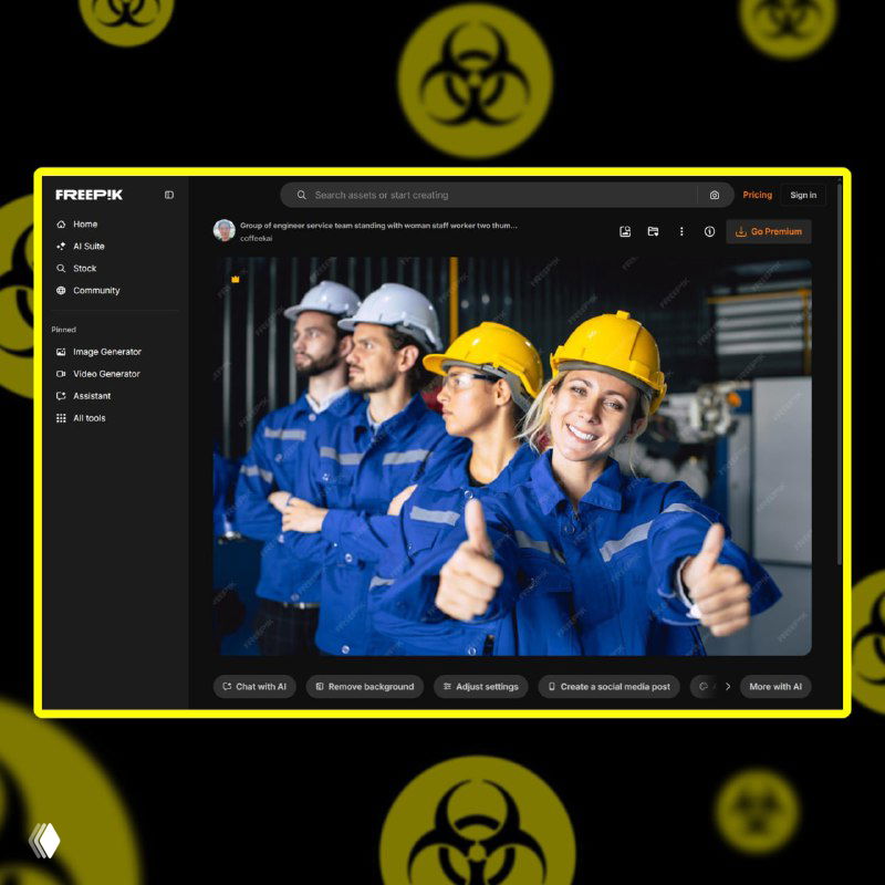 Скрин макета в интерфейсе: те же рабочие в касках на фоне мессенджера — иллюстрация повторного использования одной стоковой фотографии в рекламе.