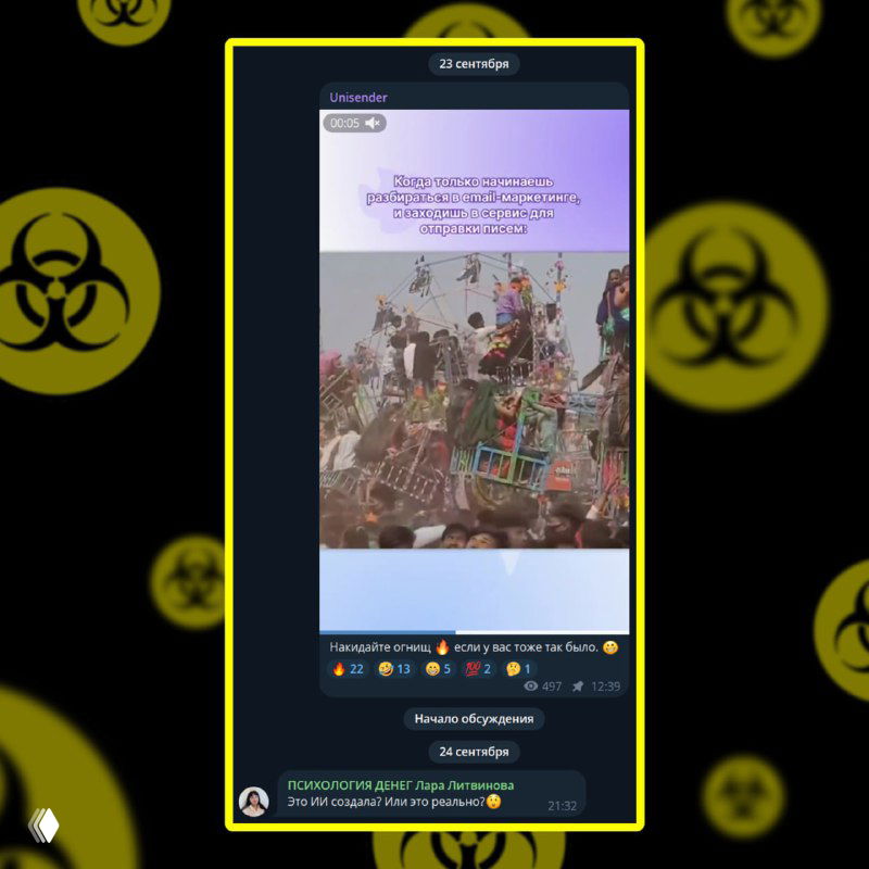 Скриншот мем-поста с фотографией толпы на празднике/ярмарке в фиолетовой обводке, видны элементы интерфейса канала и реакции аудитории.