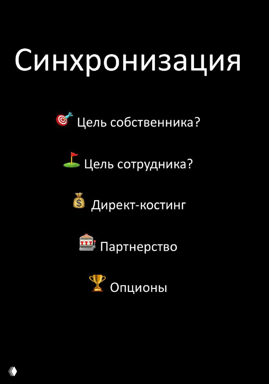 Слайд с заголовком «Синхронизация» и пунктами: цель собственника, цель сотрудника, директ‑костинг и партнёрство в мотивации.