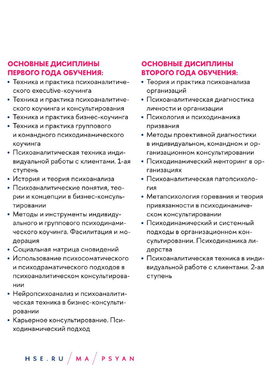 Разворот с перечнем дисциплин программы: два столбца пунктов и курсов магистратуры по психоанализу и психодинамическому подходу.