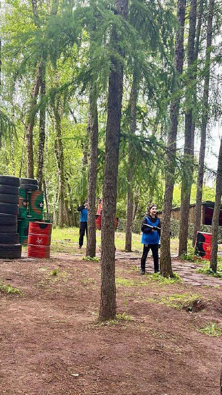 Площадка с цветными барьерами и элементами для лазертага или спортивных игр среди сосен — игровая зона на территории лагеря «Лето Побед».