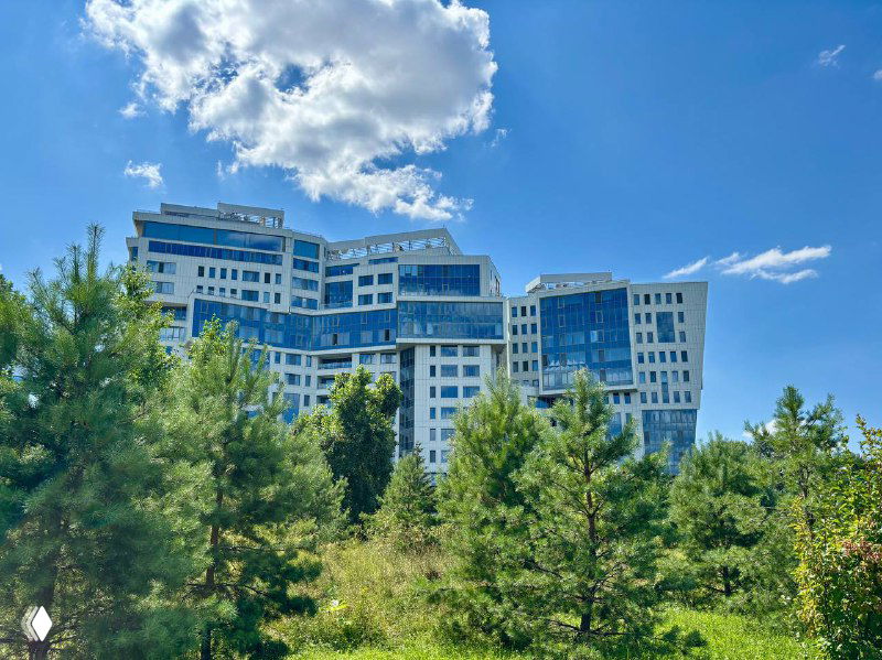 Современное многоэтажное здание цвета светлого бетона и стекла на высоком берегу, окружённое деревьями и зеленью под большим голубым небом.