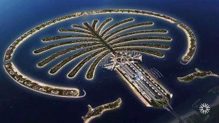 Аэрофотосъёмка Palm Jebel Ali: вид сверху на остров-пальму, ветви Fronds, центральную ось и внешнюю дугу Crescent, морская лагуна.