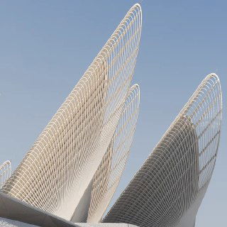 Деталь архитектурной формы музея/павильона на Saadiyat: современная конструкция и фактура, отражающая культурный профиль острова и музейный кластер.