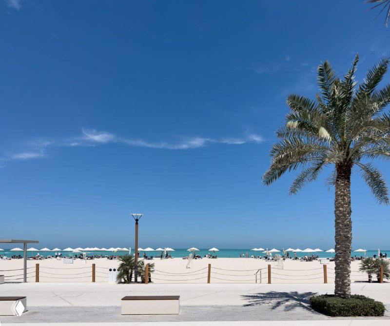 Пляж Saadiyat с белым песком, зонтиками и пальмой на переднем плане: спокойная прибрежная сцена, подчёркивающая статус пляжа как международно признанного места отдыха.