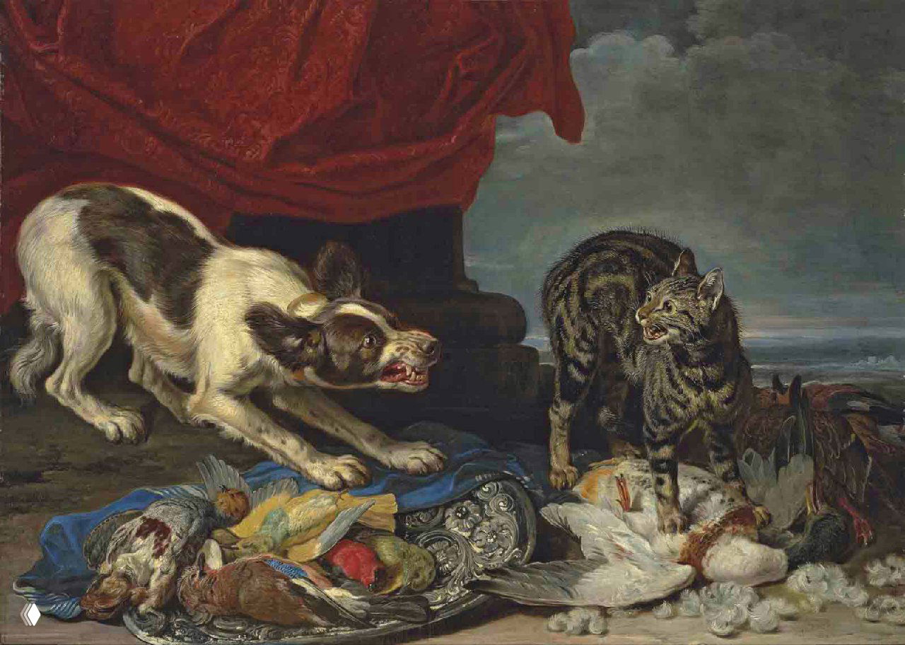 Кошка и собака, дерущиеся за дичь — David de Coninck