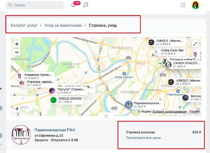 VK: услуги на карте и ошибка с категорией