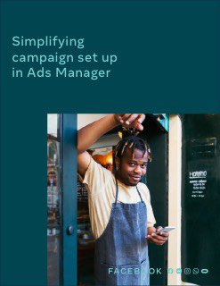 Превью официального документа Facebook: человек в фартуке держит телефон в дверном проёме, а рядом текст о настройке кампаний в Ads Manager.