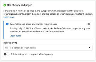 Плашка в настройках рекламы Facebook