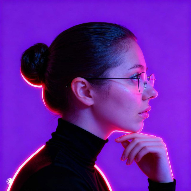 Боковой ракурс женщины с аккуратным пучком, тонкими очками и светящейся кожей на фиолетовом фоне; неоновый розово‑красный обводящий свет.