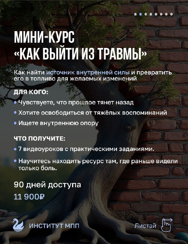 Слайд мини‑курса «Как выйти из травмы»: изображение корней дерева у стены и подробности о формате, длительности и для кого курс предназначен.