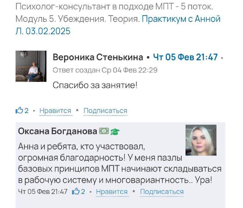 Скриншот отзыва о практикуме с Анной Л., видны короткие благодарности и положительная оценка занятия.