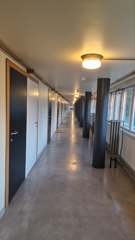 Внутренний коридор жилого блока Дома Наркомфина: длинный проход с дверями ячеек и большими окнами вдоль стены, минималистичный интерьер.