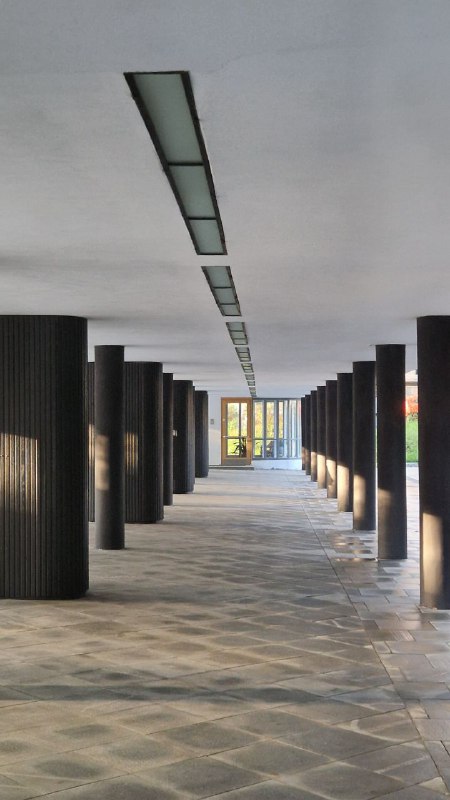 Архитектурный проход на уровне первого этажа с рядами колонн и светлым потолком — характерный конструктивистский приём в композиции здания.