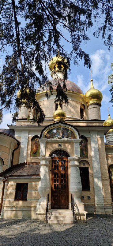 Фасад церкви с центральным золотым куполом, арочной нишей над входом и декоративными элементами под ветвями деревьев.