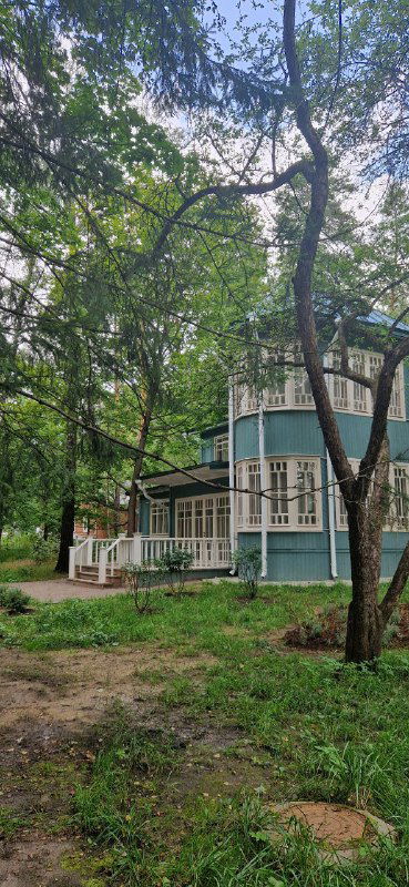 Деревянный дом-музей в переделкинском лесу: двухэтажное строение с верандой и густой листвой вокруг, создающее ощущение тихой усадебной зоны.
