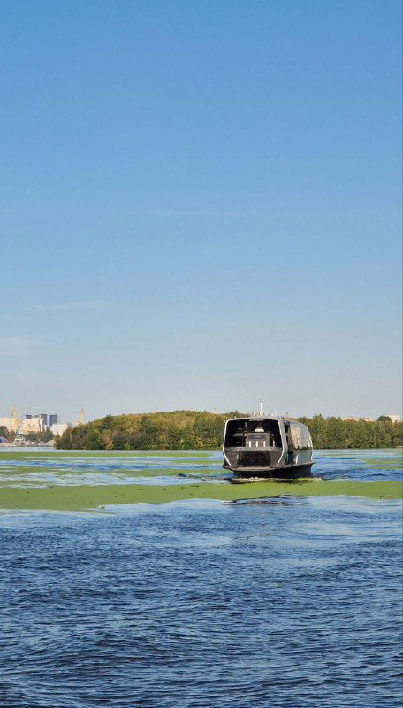 Катер в воде на фоне реки и зелёных берегов, судно идёт по маршруту, вид издали на водную гладь с участками растительности.
