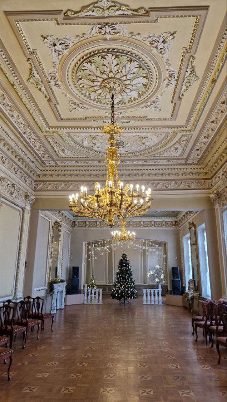Большой бальный зал усадьбы М.А. Павлова с роскошной хрустальной люстрой, паркетом и праздничной елкой; просторный парадный интерьер XIX века.