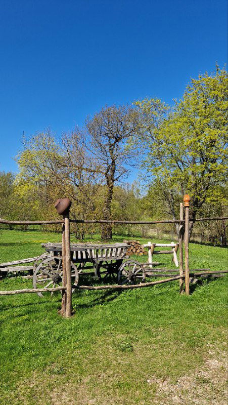 Садовый антураж усадьбы: старый деревянный забор и столик на фоне луга и редких деревьев, весенний день, пасторальная композиция.