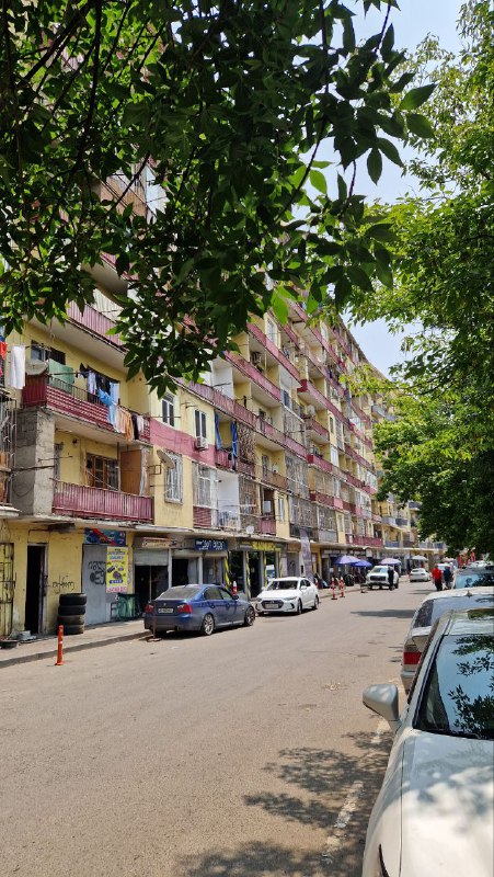 Типичная жилая улица Тбилиси с деревьями и припаркованными автомобилями вдоль тротуара в дневное время — пример районной застройки.