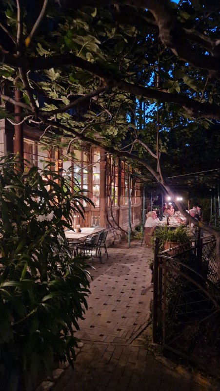 Узкая аллея во дворе с зеленью и столиками: вечерняя веранда рядом с домом, мягкое освещение и камерная атмосфера для ужина на улице.