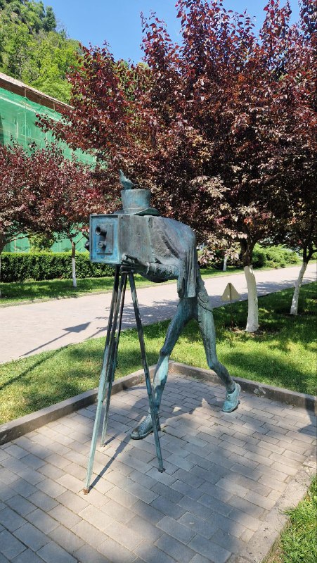 Скульптура у дорожки в Боржомском парке: металлическая фигура с камерой на штативе и цветущие кусты рядом.